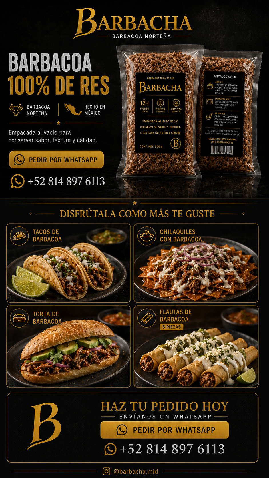Barbacha, barbacoa 100% de res, tacos, chilaquiles, torta y cinco flautas de barbacoa